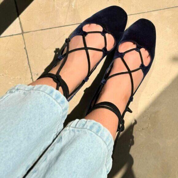 💙 ZARA Velvet Ballet Flats NWT | Ankle Wrap Tie Closure Navy Blue 7.5–9 - Picture 14 of 16